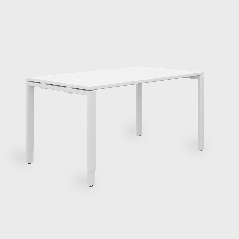 Side view of Tibas office desk, white frame and white top.